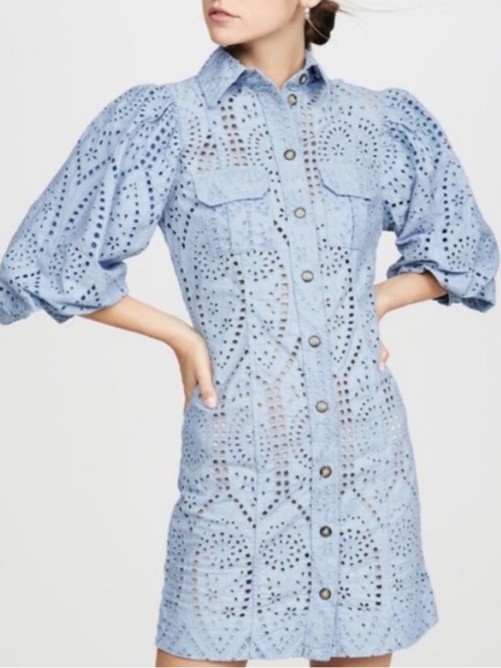 Ganni Light Blue Broderie Anglais Baloon Sleeve Button-Front Mini Dress- Size 38
